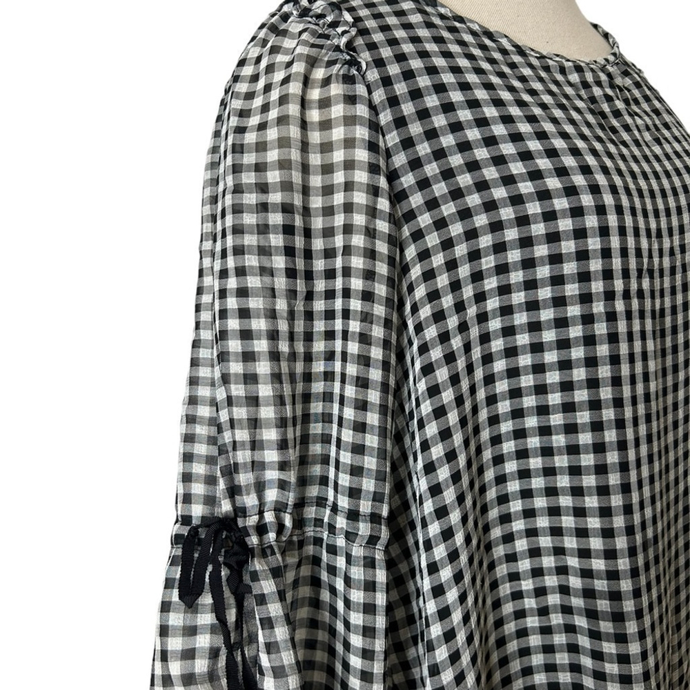 Max Studio Gingham Black White Plaid Long Sleeve Ruffle Tie Sleeve Blouse - Picture 11 of 16